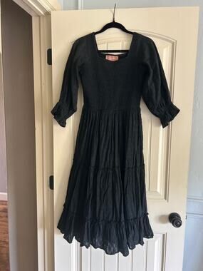 JessaKae Black Smocked Midi Dress with Puff Sleeves